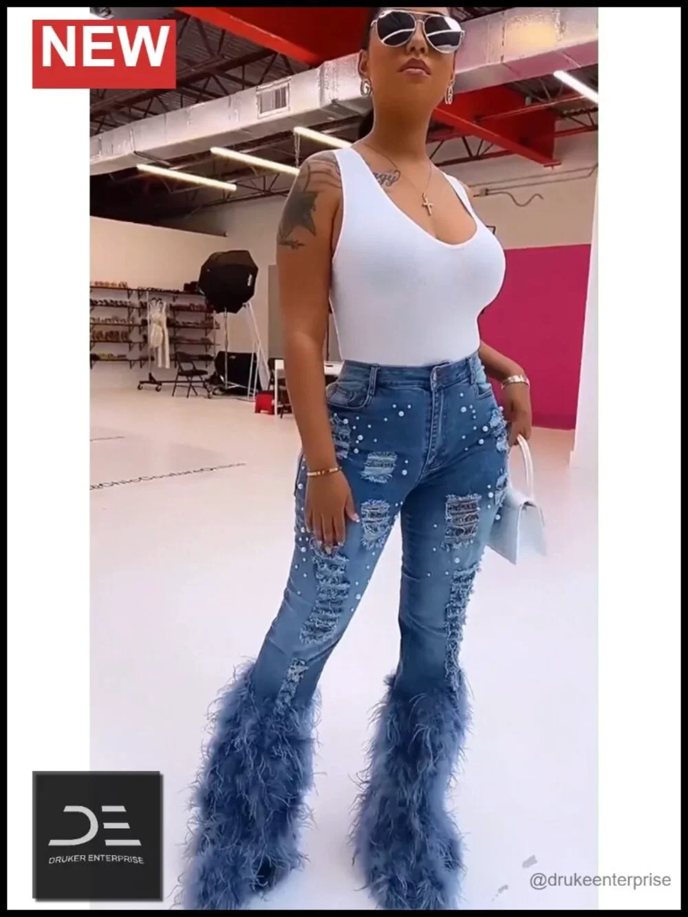 High Waisted Flared Pearl Ripped Jeans Womens Stretch Bell Bottom Denim